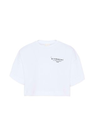 Biała krótka koszulka z krótkim rękawem z czarnym logo Givenchy i napisem „3, Avenue George V Paris” na lewej piersi.