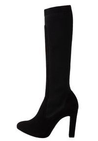 Bottes noires hauteur genou en matière suédée douce et avec un haut en tissu côtelé, dotées d'un bout pointu et d'un talon épais.