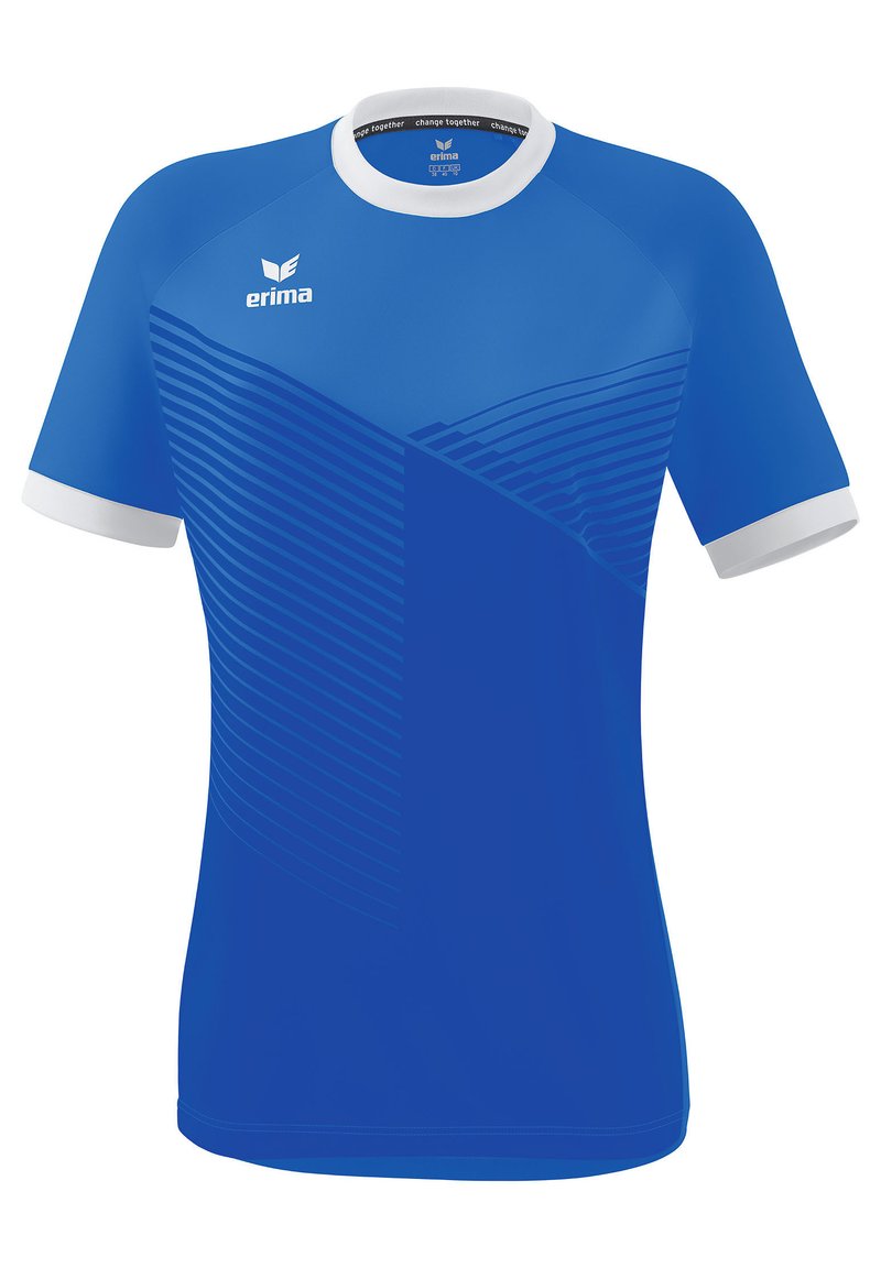 Blauw sportshirt met korte mouwen, gemaakt van gladde stof, met witte accenten op de kraag en mouwen, en een diagonale gestreepte patroon aan de voorkant.