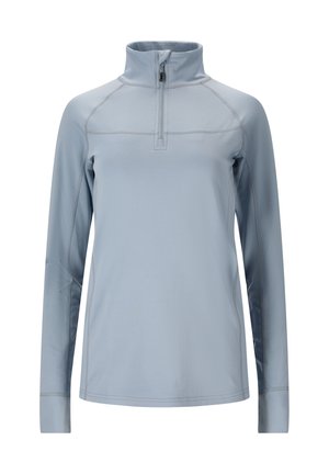 Lyseblå halvzip trøje, lange ærmer, glat tekstur, forstærkede sømme, høj krave, ideel til udendørs aktiviteter eller afslappet brug.