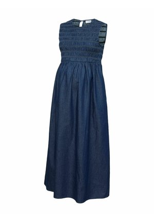 Tumeda sinist värvi varrukateta midi-kleit, millel on kroogitud korpus, võtmeauguga seljaosa kinnis ja kogutud seelik, valgel taustal.