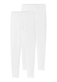 Leggings blancs, design ajusté, tissu extensible, taille sans coutures, texture lisse, deux paires exposées, sans motifs ni embellissements.