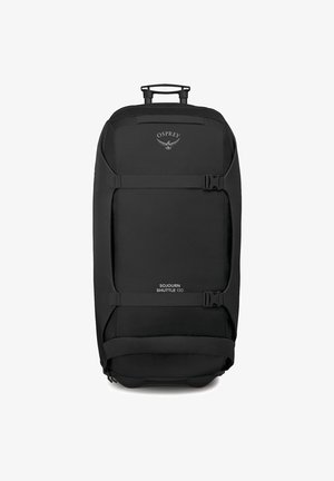 Schwarze Rolltasche mit Osprey-Logo. Hergestellt aus strapazierfähigem Material, mit verstellbaren Gurten und einem ausziehbaren Griff für einfachen Transport.