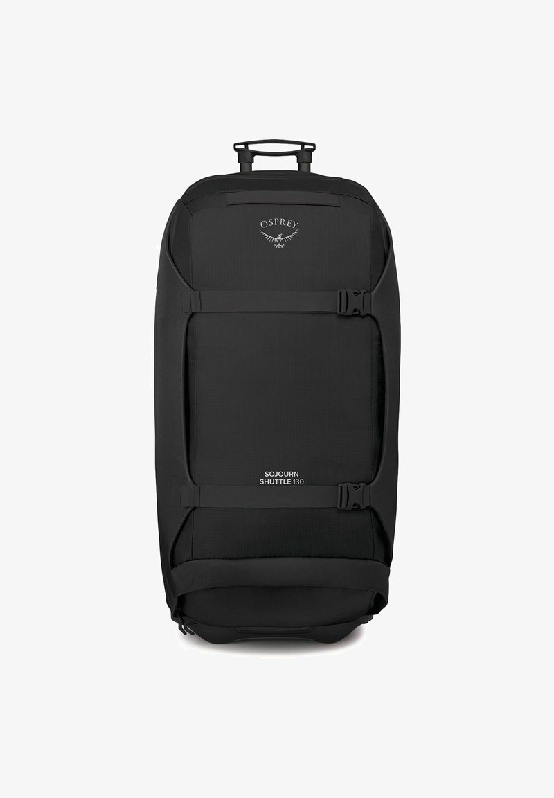 Black wheeled duffel bag with Osprey logo. Made from durable material, featuring adjustable straps and a retractable handle for easy transport.