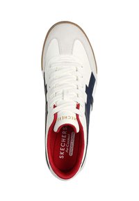 Zapatillas de ante y cuero blancas con acentos en azul marino, suela de goma y un interior rojo. Presenta cordones blancos y el logo "SKECHERS" en el talón.