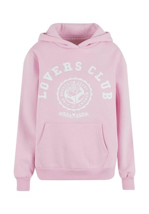 Rožinė palaidinė su kapišonu, ant kurios yra baltas užrašas "LOVERS CLUB" ir rožės grafika. Ji turi rūbų audinį apyrankėse ir priekinę kengūros kišenę.