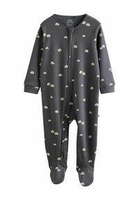 Combinaison grise pour enfants en tissu doux, ornée d'un motif de petits arcs-en-ciel crème, avec des manches longues et des jambes avec pieds, fermeture éclair sur le devant.