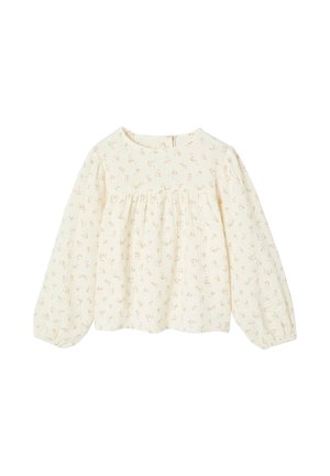 Cream long-sleeve blouse with small pink and green floral print, round neckline, gathered detail below the chest, and elastic cuffs.