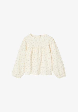 Cream long-sleeve blouse with small pink and green floral print, round neckline, gathered detail below the chest, and elastic cuffs.