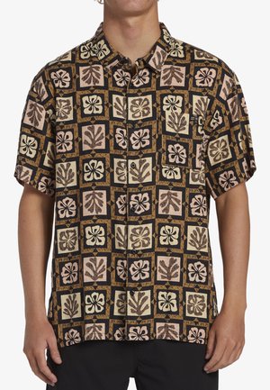 Short-sleeve shirt featuring a black background with a grid pattern of floral motifs in cream, pink, and brown tones. Button-down front.