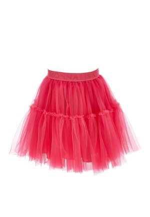Lys rosa tylskørt med en rynket design, lagdelt effekt og et elastisk taljebånd med mærkenavnet "MONNALISA" prentet i pink.