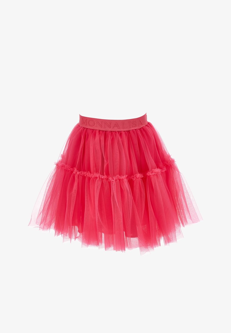 Jupon en tulle rose avec un design froncé, effet superposé et une taille élastique portant le nom de la marque "MONNALISA" en relief rose.