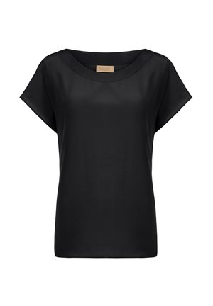 Czarny krótki rękaw bluzka wykonana z gładkiego, lekkiego materiału. Posiada szeroki, okrągły dekolt i luźny krój.
