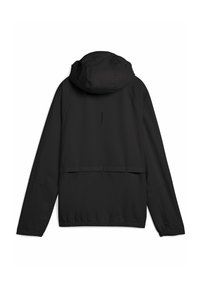 Veste légère noire avec capuche, offrant une coupe décontractée, des poignets élastiques et une couture à l'arrière. Texture lisse avec un minimum de détails.