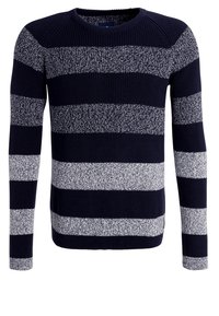 Pull en maille rayé bleu marine et gris avec manches longues et col rond, présentant des rayures alternées à texture unie et chinée.