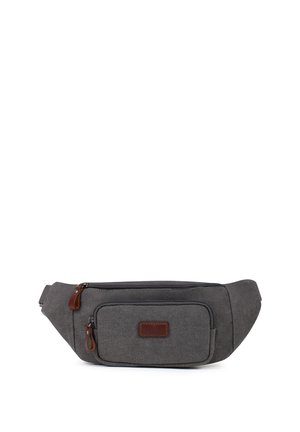 Sac banane en tissu gris avec deux compartiments zippés et tirettes en cuir marron, conçu pour un port mains libres.