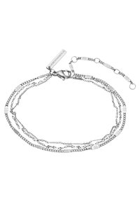 Bracciale a catena multi-strato in argento con anelli ovali, chiusura a gancio, catena di estensione e etichetta rettangolare incisa con la scritta "LIEBESKIND BERLIN".