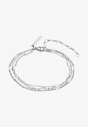 Zilveren meerlaags kettingarmband met ovale schakels, karabijnsluiting, verlengkettinkje en een gegraveerd rechthoekig label met de tekst "LIEBESKIND BERLIN".