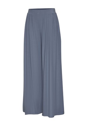 Wide-leg trousers made of soft, stretchy fabric in a muted blue color. Featuring a smooth waistband with pleats for added fullness.