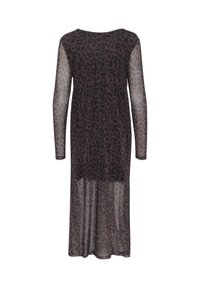 Sheer long-sleeve dress featuring a brown and black leopard print, round neckline, and flowing silhouette, designed for a relaxed fit.