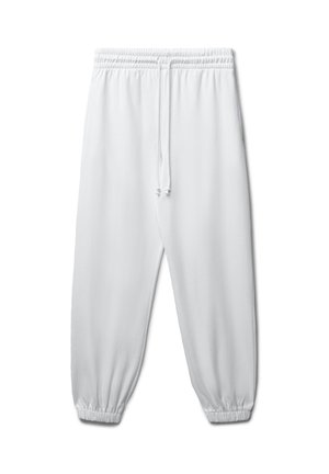 White sweatpants made of soft fabric, featuring an elastic waistband with a drawstring, and elastic cuffs at the ankles.