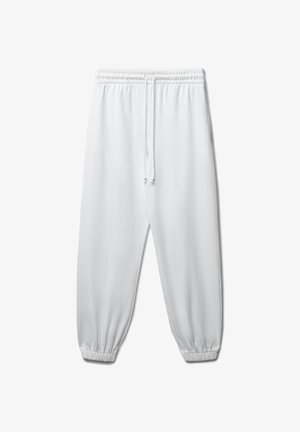 White sweatpants made of soft fabric, featuring an elastic waistband with a drawstring, and elastic cuffs at the ankles.