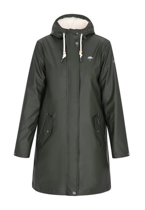 Green waterproof coat with a faux fur-lined hood, snap buttons, side pockets, and a subtle logo on the chest. Mid-length design.