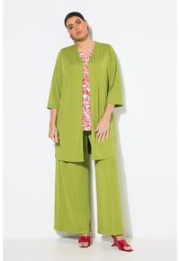 Zelený plisovaný kardigan přes červeno-bíle vzorovaný top a zelené kalhoty. Modelka má na sobě červené podpatky a náušnice se cvoky.