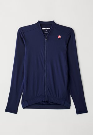 Maglia da ciclismo a maniche lunghe blu navy con zip frontale, texture a coste e logo del marchio sul lato sinistro del petto. Design semplice con taglio aderente.