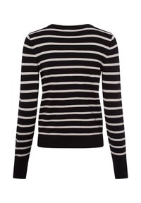 Zwart-witte gestreepte trui met een ronde halslijn en lange mouwen; ribgebreide zoom en manchetten, gladde textuur.