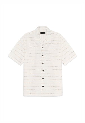 Korte mouwen overhemd met knopen, gemaakt van wit stof met horizontale, gestructureerde strepen in beige en bruin; heeft zwarte knopen en een kraag.