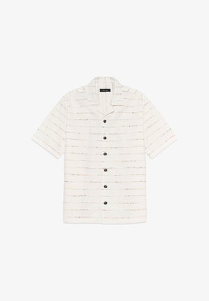 Cămașă cu mâneci scurte, cu nasturi, din țesătură albă cu dungi orizontale texturate în bej și maro; are nasturi negri și guler.