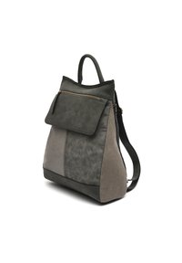 Zaino grigio e nero con un design strutturato, caratterizzato da un effetto pelle testurizzata e tela, una tasca anteriore con zip e spallacci regolabili.