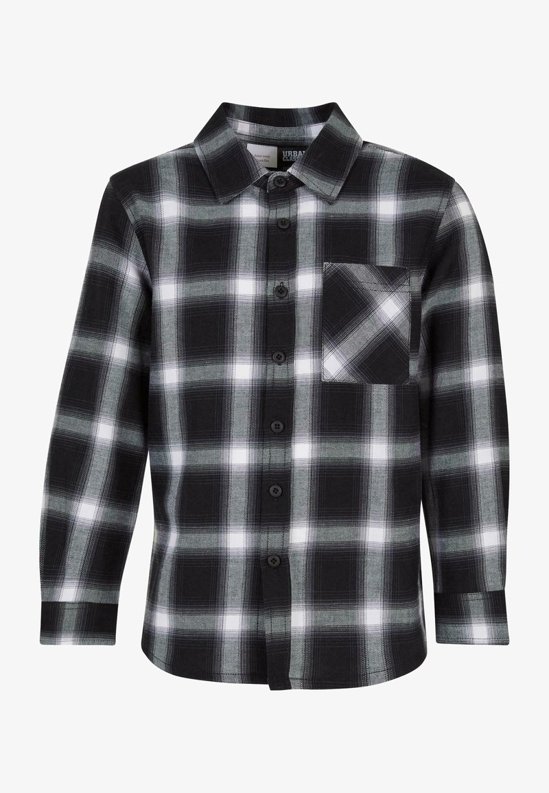 Juodai-baltos stačiakampių raštų flanelinė marškiniai su ilgomis rankovėmis, mygtukų užsegimu, viena krūtine kišenė ir klasikinio tipo apykakle.