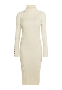 Robe en tricot côtelé de couleur écrue avec un col haut, des manches longues et des accents de boutons sur les poignets. Silhouette près du corps.
