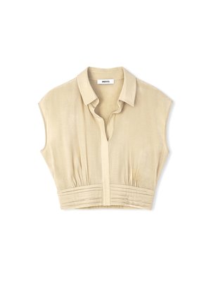 Beige cropped blouse made of soft fabric featuring a collared neckline, button closure, and gathered detailing at the waist.