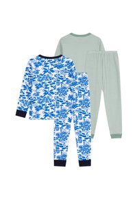 Twee sets kinderpajama's: de ene heeft een blauw-wit bloemenpatroon op de lange mouwen en broek; de andere is lichtgroen met strepen.