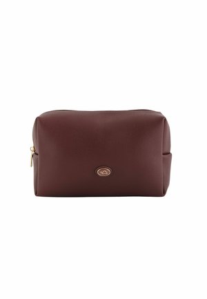 Brown leather cosmetic bag with a textured finish, rectangular shape, gold zipper, and a circular logo detail on the front.