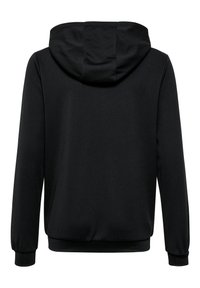 Schwarzer Kapuzenpullover aus strukturiertem Stoff. Mit gerippten Bündchen an den Ärmeln und am Saum. Einfaches Design ohne sichtbare Logos oder Verzierungen.