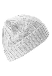 Knitted white beanie with a ribbed cuff, featuring a textured pattern of interwoven cables and smooth surfaces.