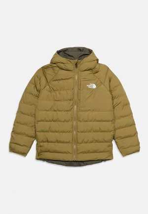 Olive green padded jacket with hood, front zipper, and The North Face logo on left chest.
