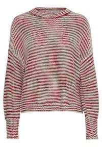 Stickad tröja med en lös passform och horisontella ränder i röd, beige och brun, rund halsringning och långärmade armar med ribbade muddar.