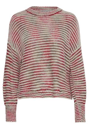 Pull tricoté avec une coupe ample, des rayures horizontales rouge, beige et marron, un col rond et des manches longues avec des bords côtes.