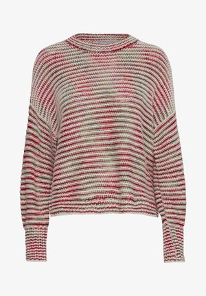 Strickpullover mit lockerer Passform, horizontalen Streifen in Rot, Beige und Braun, rundem Halsausschnitt und langen Ärmeln mit gerippten Bündchen.