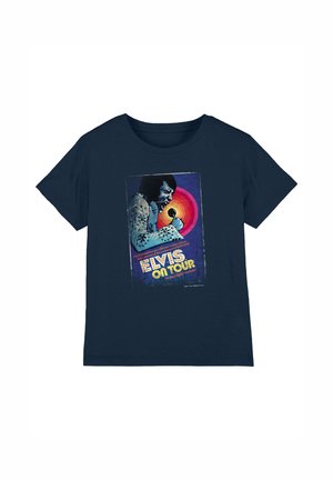 Navy blue T-shirt featuring a vintage-style print of Elvis Presley singing with "Elvis On Tour" text and colorful circular background.