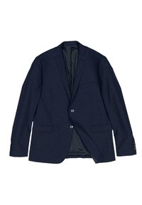 Marineblauer Blazer aus glattem Stoff, mit gekerbtem Revers, zwei Vordertaschen und Zwei-Knopf-Verschluss, mit detailreichen Knopfakzenten.