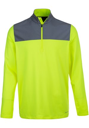 Pull à manches longues de couleur jaune vif avec un empiècement gris foncé. Présente une fermeture éclair quart de tour et une texture légère et lisse.