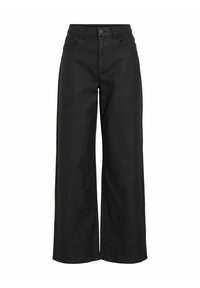 Platus juodas kelnes iš lygaus audinio, aukštu liemeniu, priekinių kišenių ir sagos užsegimu.