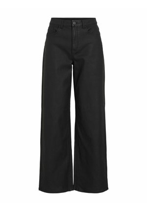 Platus juodas kelnes iš lygaus audinio, aukštu liemeniu, priekinių kišenių ir sagos užsegimu.