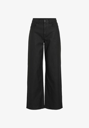 Czarne spodnie o szerokich nogawkach wykonane z gładkiej tkaniny, z wysokim stanem, przednimi kieszeniami i zapięciem na guzik.